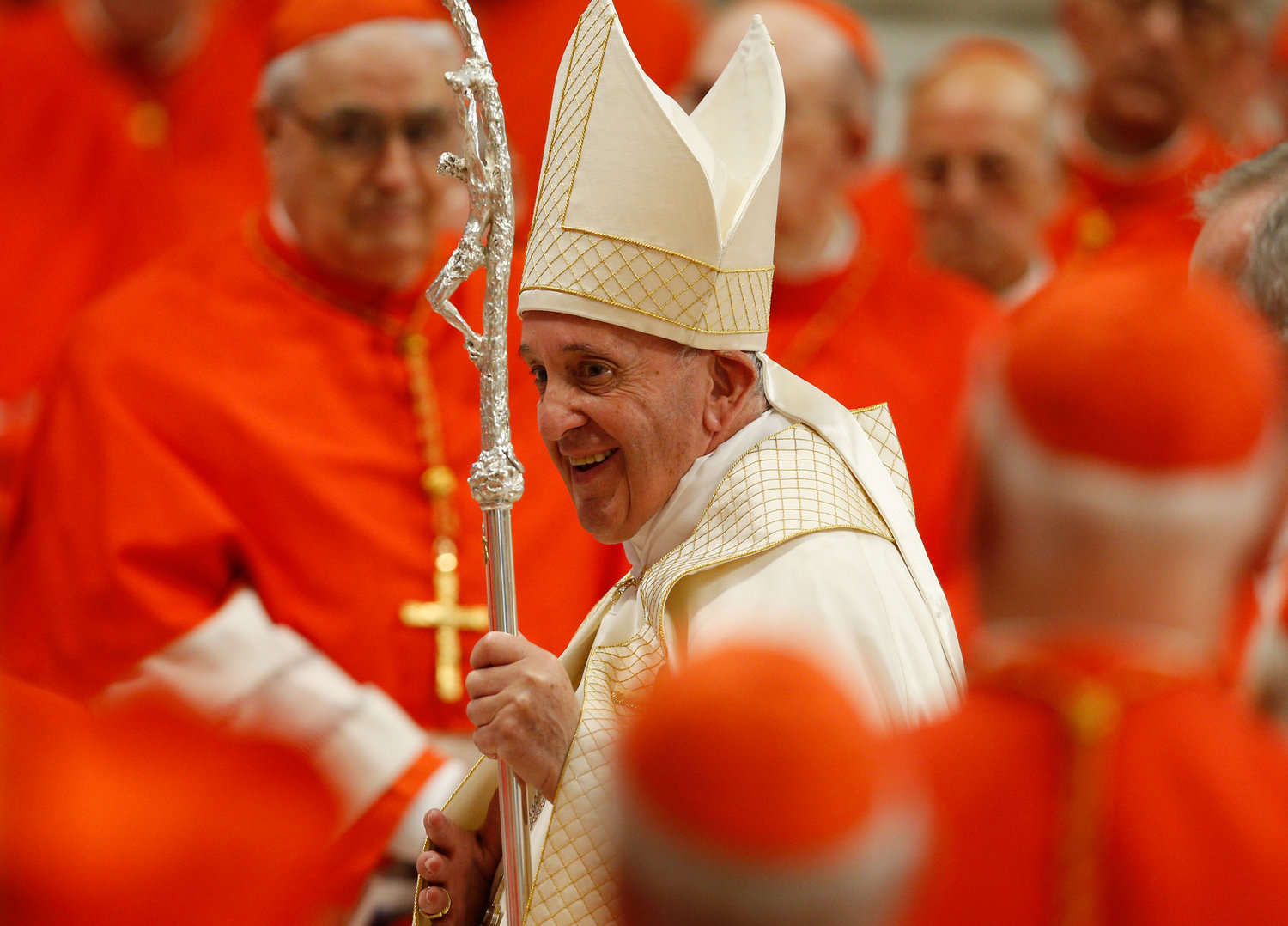 Pope Francis leaves in procession after a consistory for the creation of 13 new cardinals in St. Peter’s Basilica at the Vatican Oct. 5, 2019. Among the new cardinals was Canadian Cardinal Michael Czerny, undersecretary of the Migrants and Refugee Section of the Vatican Dicastery for Promoting Integral Human Development.